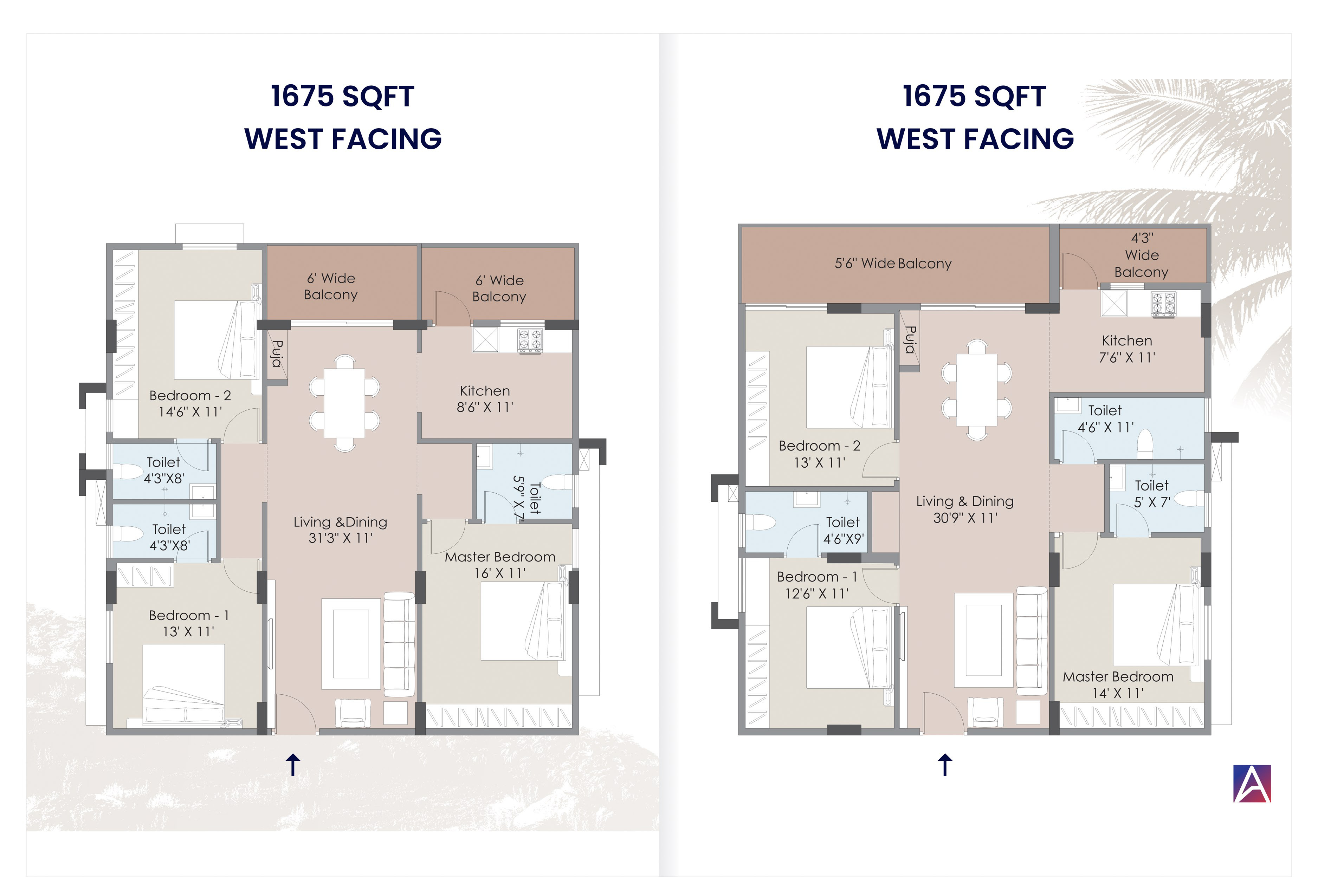 1675 sqft West Facing floor plan