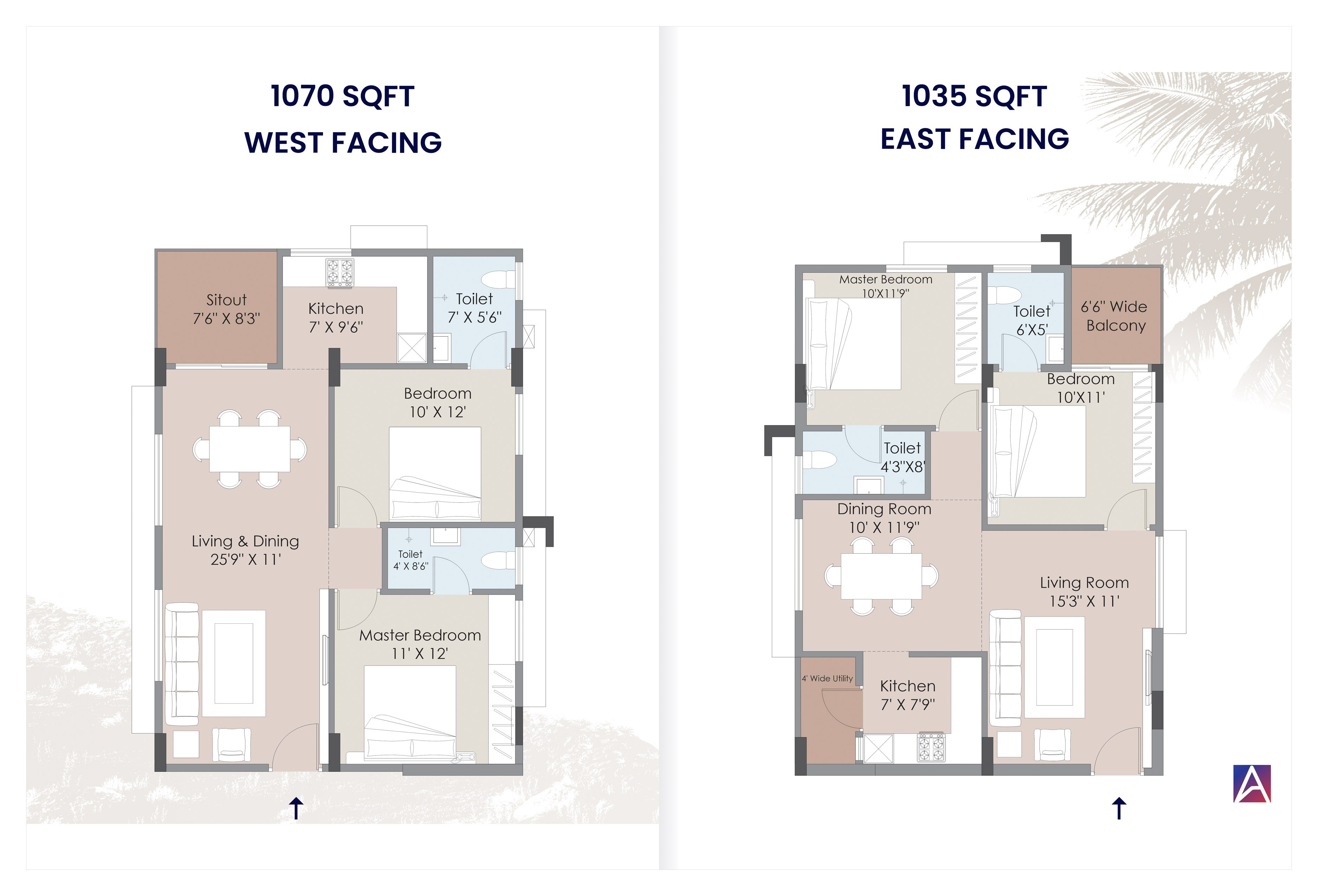 1035 sqft East Facing floor plan