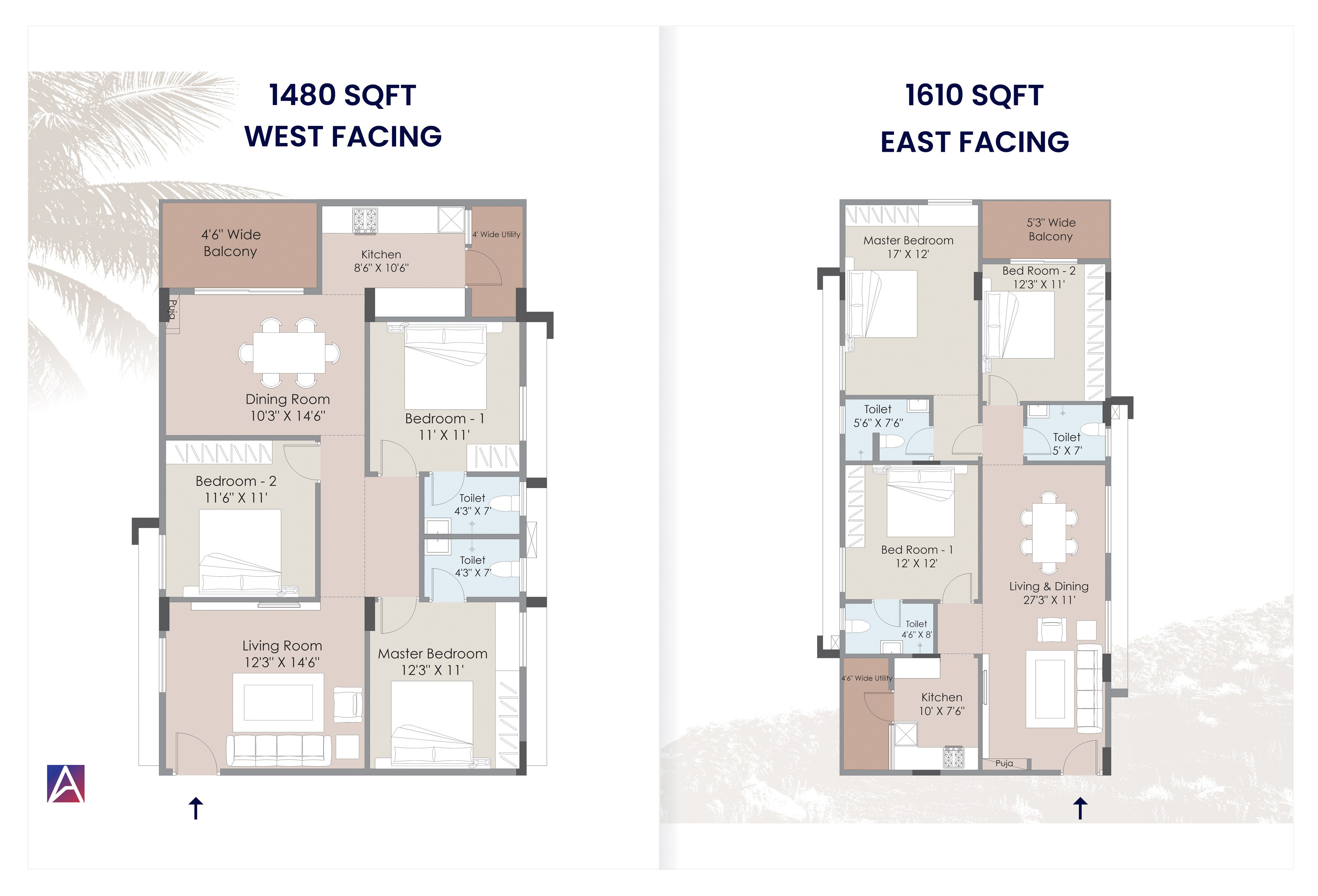 1480 sqft West Facing floor plan