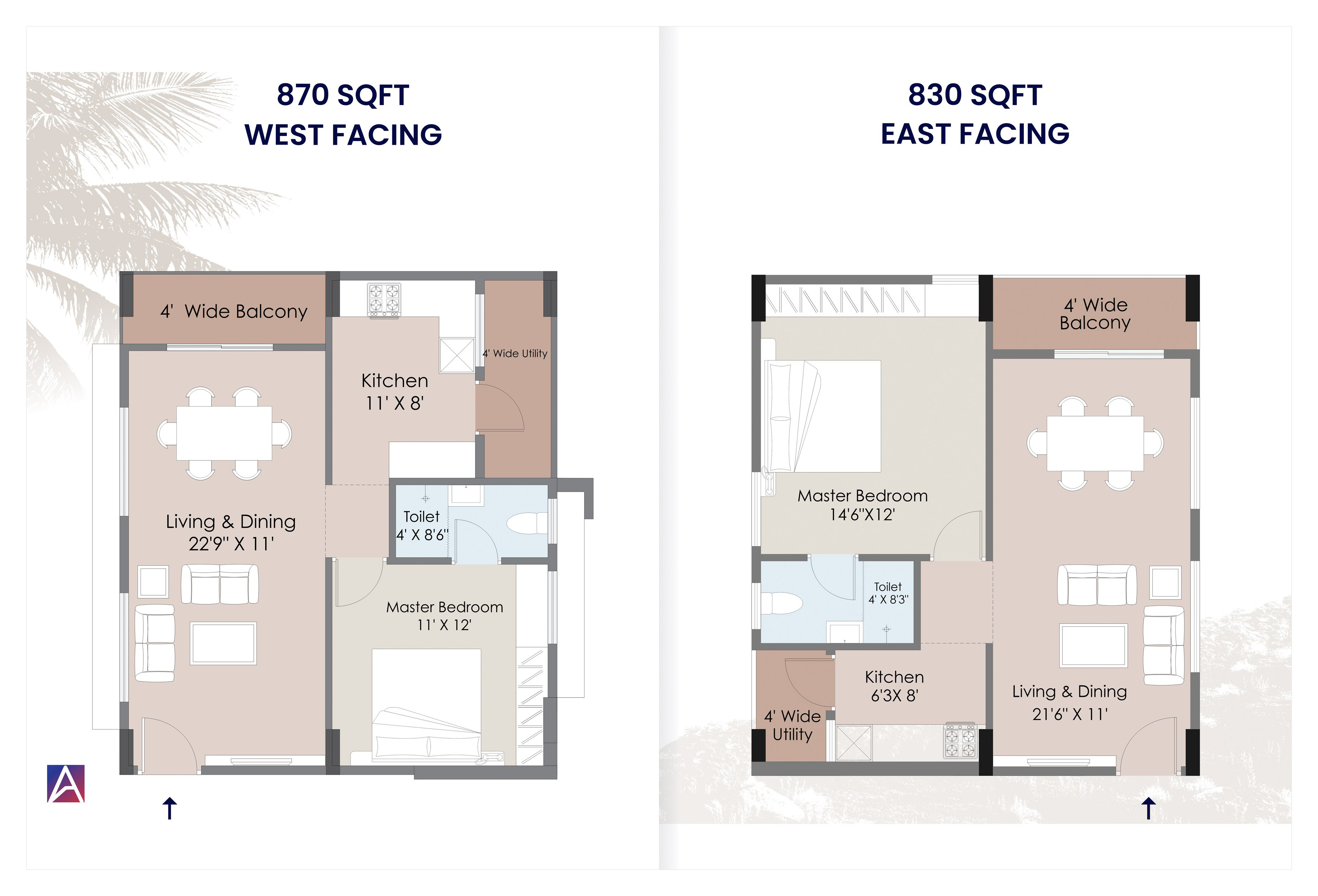 830 sqft East Facing floor plan